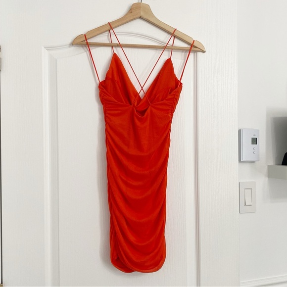 GARAGE | Morgan mesh ruched cami dress in mandarin red - Picture 6 of 10
